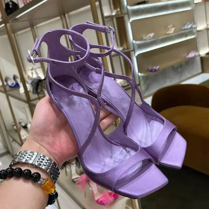 Sandalias de gladiador de charol para mujer – Zapatos de tacón alto de aguja con puntera abierta y correa al tobillo, sexys, para fiesta de verano