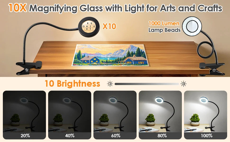 10X LED Magnifying Desk Lamp – 3 Color Light Modes Clamp Magnifier with Flexible Gooseneck for Reading & Nail Art
