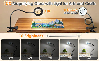 10X LED Magnifying Desk Lamp – 3 Color Light Modes Clamp Magnifier with Flexible Gooseneck for Reading & Nail Art