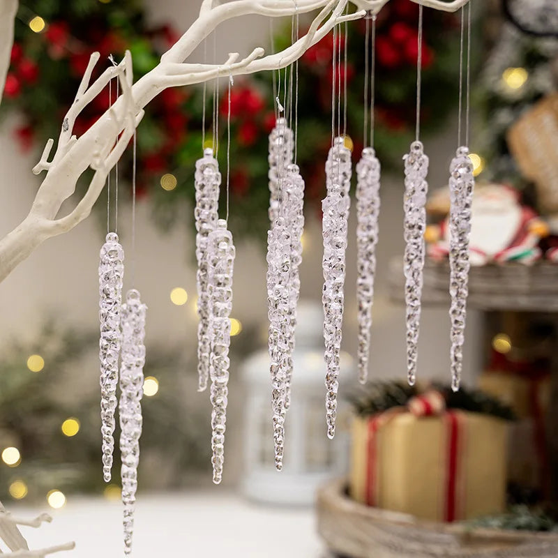 6PCS 15CM Acrylic Christmas Icicle Ornaments – Faux Ice Hanging Decorations for Winter Parties, New Year, Xmas Tree & Holiday Decor