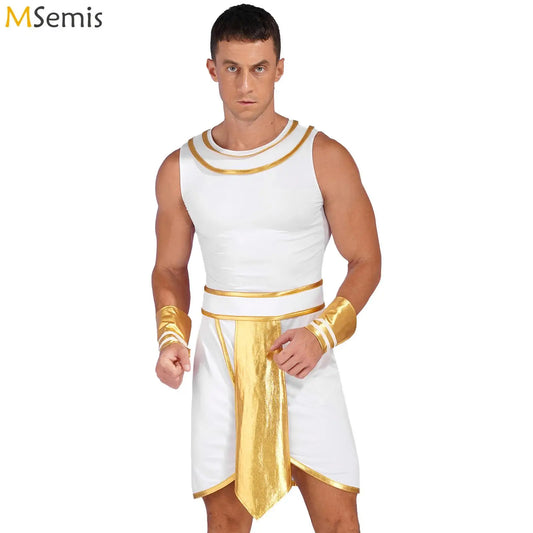 Disfraz de faraón egipcio y griego antiguo para hombre – Túnica brillante metálica con mangas para Halloween y juegos de rol