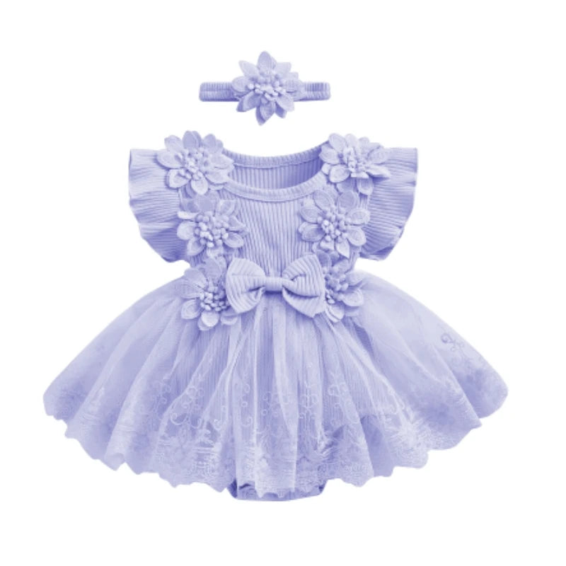 Vestido de mameluco 3D con flores para bebé – Body de malla de princesa de verano con volantes de encaje, conjunto de recién nacido con diadema a juego, ropa linda para niños para ocasiones especiales y uso diario