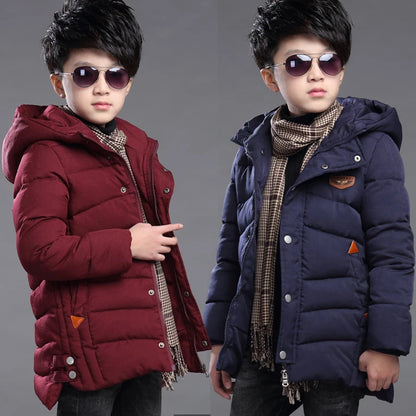 Boys Winter Hooded Jacket Ages 5-14, Warm Slim Fit Long Coat for Kids, Fashionable Windproof Outdoor Outerwear for Teen Boys