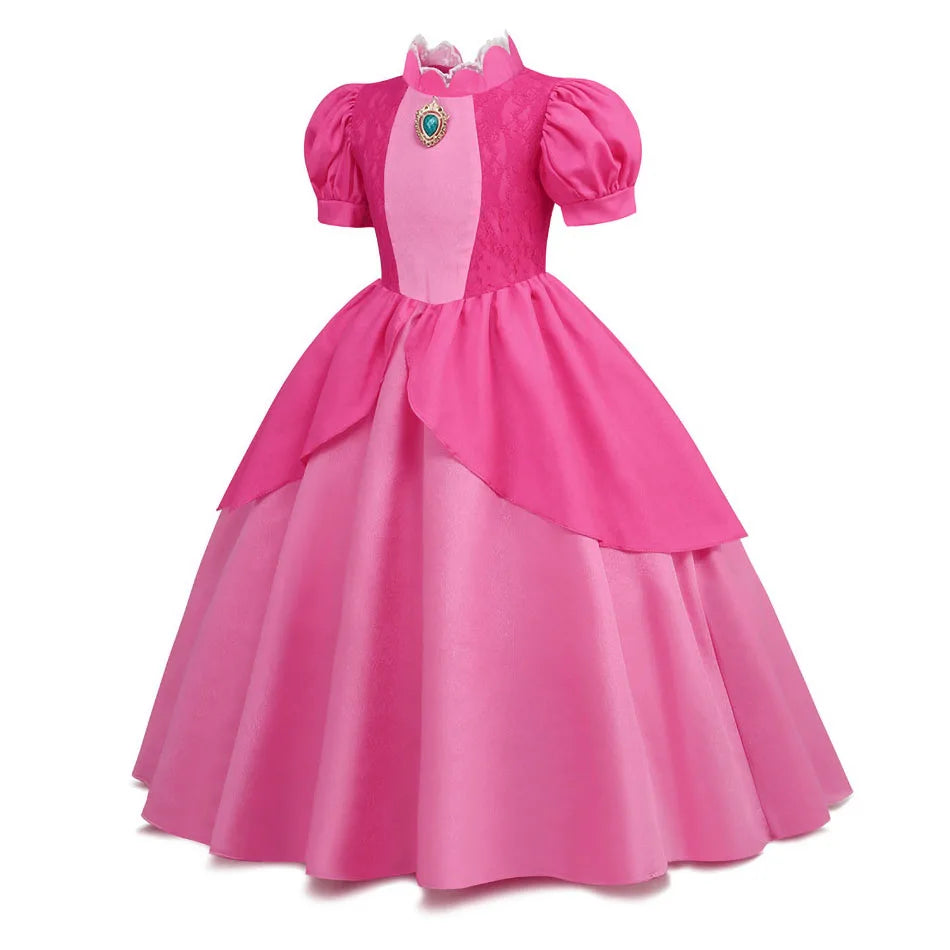 Princess Peach Cosplay Dress – Bubble Sleeve Princess Costume for Kids, Summer Halloween & Christmas Party Outfit