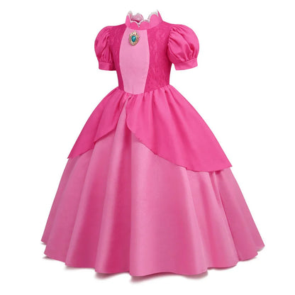 Princess Peach Cosplay Dress – Bubble Sleeve Princess Costume for Kids, Summer Halloween & Christmas Party Outfit