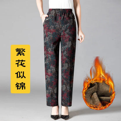 8XL Plus Size Women's Winter Pants – Printed Elastic High-Waist Velvet Trousers, Warm Straight-Leg Casual Oversized Fit