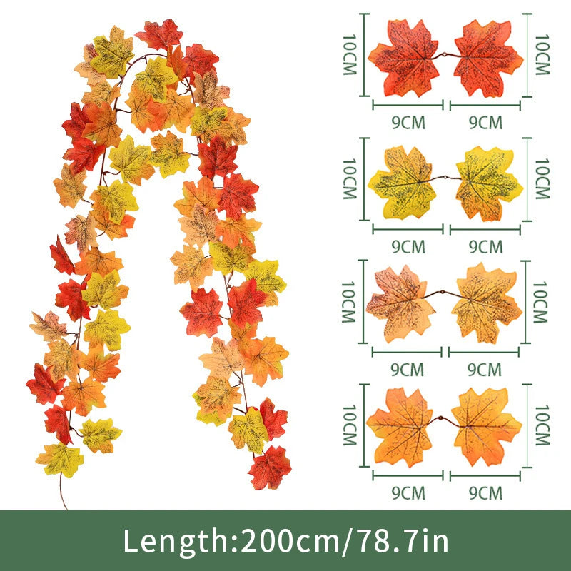 2M Artificial Maple Leaf Garland – Faux Fallen Leaves Autumn Rattan Decor for Thanksgiving, Halloween, Wedding, Christmas & Holiday Festivals