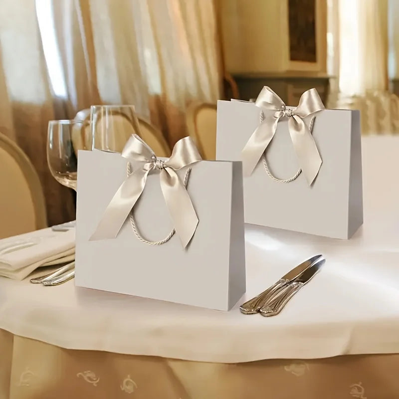 10 bolsas de regalo beige de "agradecimiento" con moños dorados – Elegantes bolsas de papel plegables para compras para recuerdos de bodas, regalos de fiestas y eventos