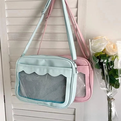 Bolso japonés Harajuku Ita – Bolso bandolera de piel sintética con bolsillo transparente para mujeres y estudiantes de secundaria, bolso de estilo uniforme JK, bolso de almacenamiento de moda Kawaii para coleccionistas y uso diario