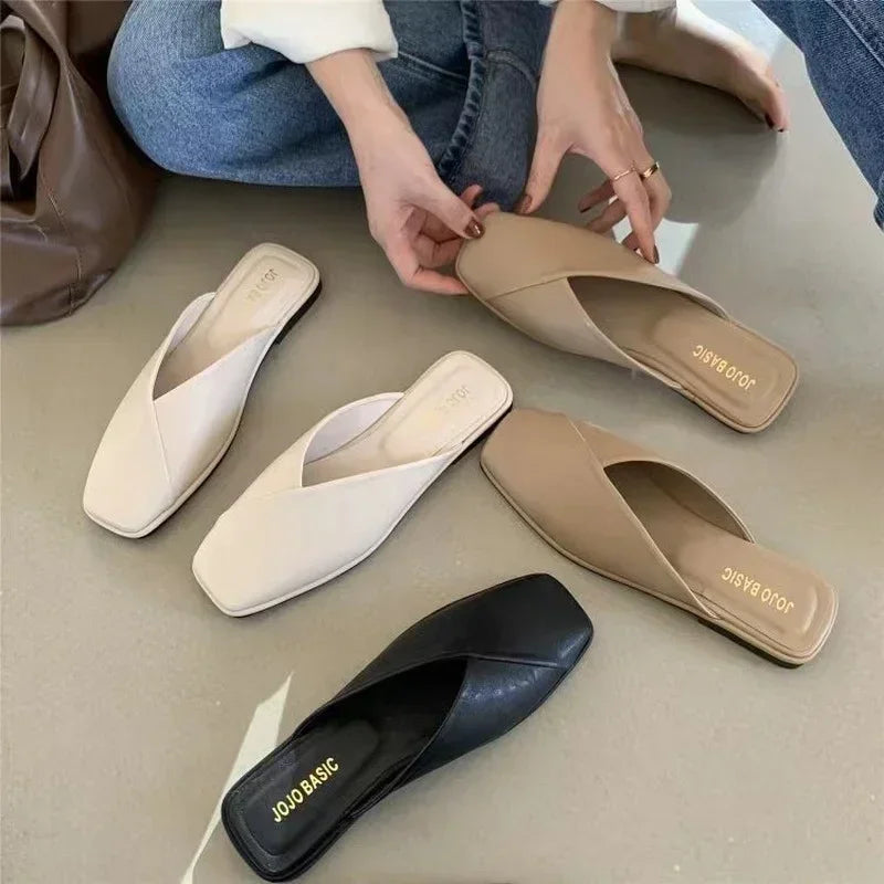 Women's Square Toe Flat Sandals Casual Slip-On Mules Outdoor Walking Slides