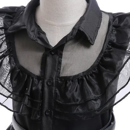 Girls’ Wednesday Addams Cosplay Costume Dress – Gothic Mesh Party Dress for Kids, Halloween Carnival Dress-Up Outfit, Ages 4–12