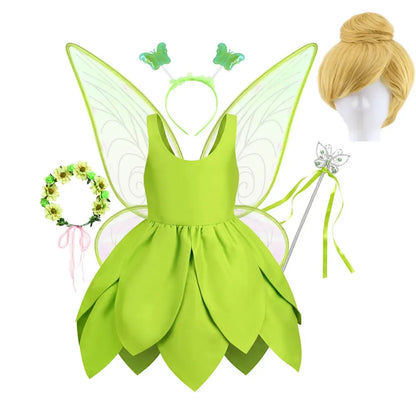 Tinker Bell Fairy Dress for Girls – Fantasy Forest Elf Green Leaf Cosplay Costume for Baby & Kids, Halloween Dress-Up