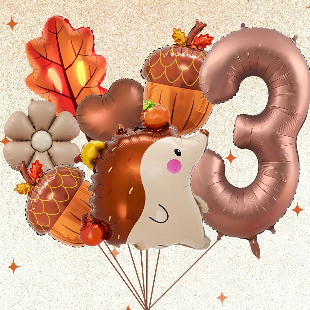 7PCS Autumn Pinecone & Hedgehog Balloon Set – 40-Inch Number Balloons 1–9 for Birthday, Thanksgiving Party Decor & Photo Props