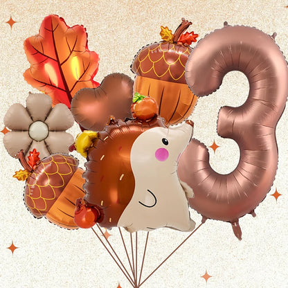 7PCS Autumn Pinecone & Hedgehog Balloon Set – 40-Inch Number Balloons 1–9 for Birthday, Thanksgiving Party Decor & Photo Props