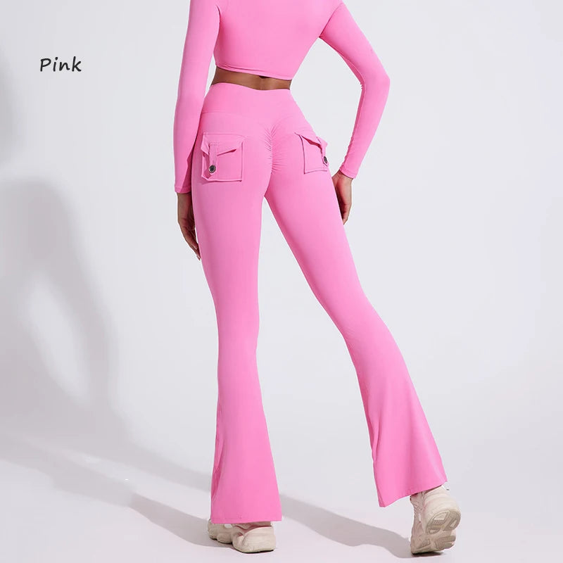 DIAS FIT JOY Pantalon de yoga évasé taille haute pour femme – Legging patte d'éléphant push-up avec poches, pantalon d'entraînement à séchage rapide pour la course, la gym, le fitness et l'exercice