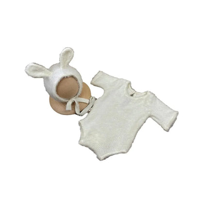 Newborn Photography Props Set – Knitted Rabbit Doll Outfit with Baby Cosplay Glasses, Cute Infant Photoshoot Accessories & Photo Studio Decor