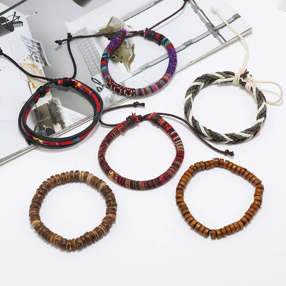 Bohemian Leather Bracelet for Men – Hand-Woven Wooden Bead Charm Bracelet | Vintage Fashion Jewelry Gift for Him