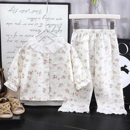 Conjunto de pijama de encaje floral para niñas – Traje de dormir de princesa de manga larga holgado con pantalones para niños