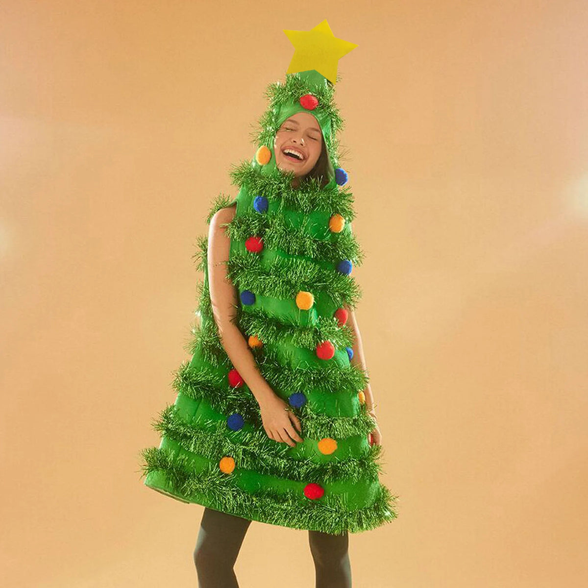Women's Christmas Tree Costume Dress, Sleeveless Green Tinsel Hooded Dress with Colorful Ball Ornaments, Adult Christmas Cosplay Outfit for Holiday Parties and Festive Events