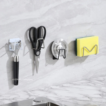 Soporte de esponja para fregadero de acero inoxidable – Estante de secado autoadhesivo para desagüe de cocina, organizador de almacenamiento de esponjas montado en la pared con ganchos para fregadero, accesorios para lavavajillas y organización de cocina