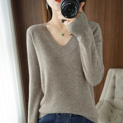 Women's Cashmere-Style V-Neck Sweater – Long-Sleeve Knitted Pullover with Lace Neck & Hollow-Out Detail, Casual Autumn & Winter Top