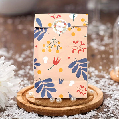 12/24PCS Plant Pattern Kraft Paper Gift Bags with Stickers for Candy, Cookies, Bakery Treats & Gift Packaging