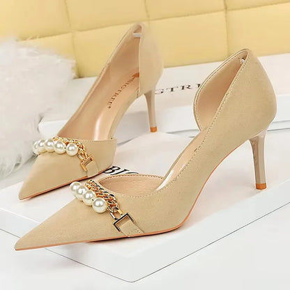 BIGTREE Escarpins à talons aiguilles et chaîne de perles de luxe pour femme – Idéal pour mariage, soirée et banquet