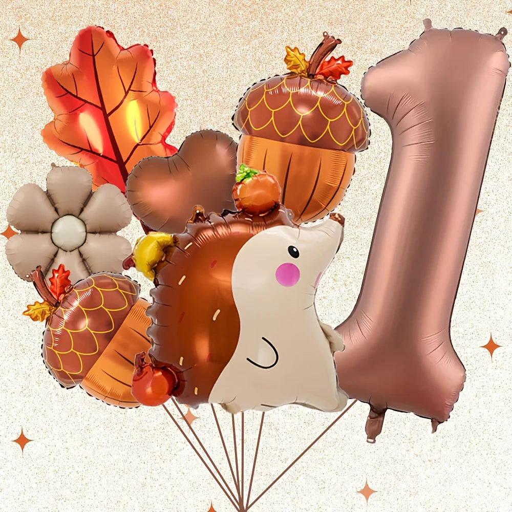 7PCS Autumn Pinecone & Hedgehog Balloon Set – 40-Inch Number Balloons 1–9 for Birthday, Thanksgiving Party Decor & Photo Props