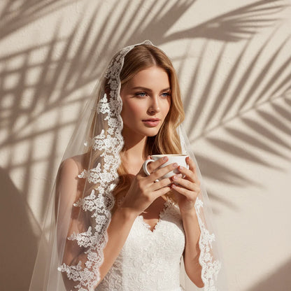 Long Bridal Lace Veil – Spanish Mantilla Wedding Veil with Lace Edge | Elegant Wedding Dress Accessory for Bride & Bridal Party