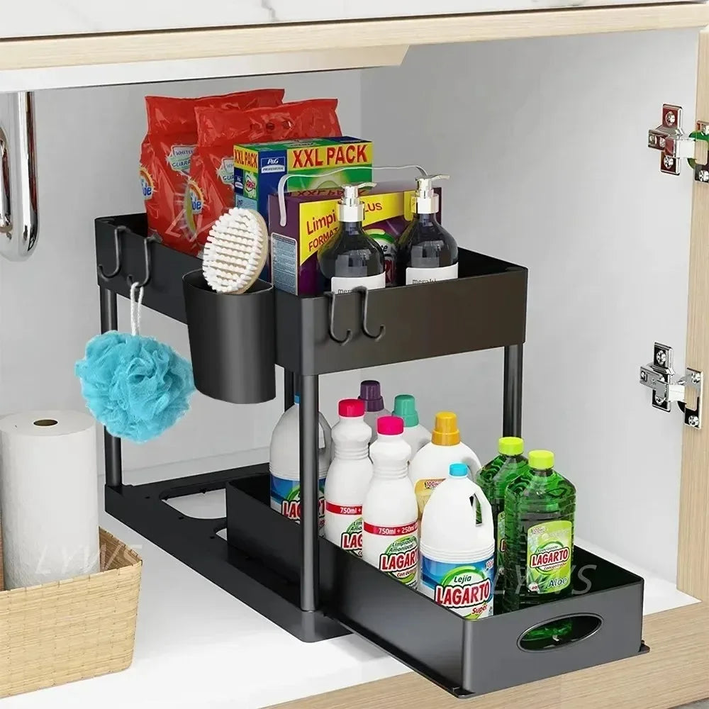 2-Tier Pull Out Under Sink Organizer – Slide-Out Cabinet Storage Rack with Hooks & Cups for Kitchen & Bathroom