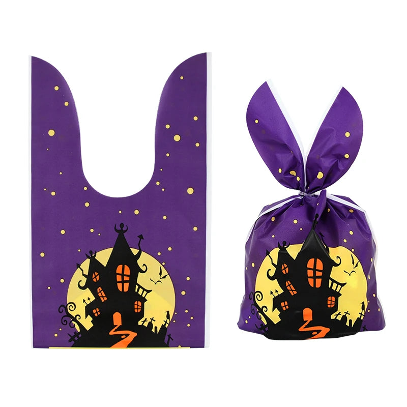 25/50PCS Halloween Candy Bags – Rabbit Ear Pumpkin Plastic Treat Bags for Candy, Cookies & Desserts, DIY Packaging for Kids’ Halloween Parties