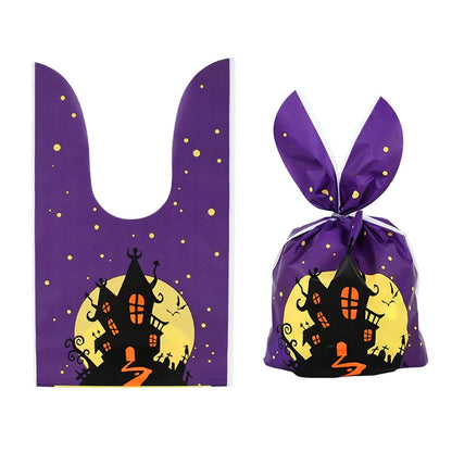 25/50PCS Halloween Candy Bags – Rabbit Ear Pumpkin Plastic Treat Bags for Candy, Cookies & Desserts, DIY Packaging for Kids’ Halloween Parties