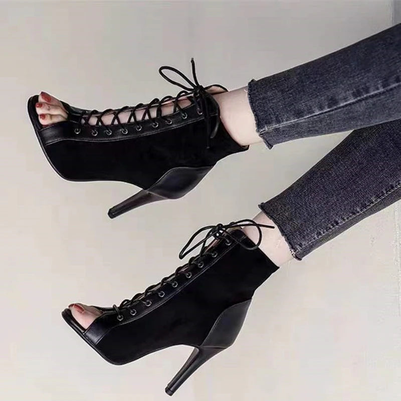 Sandalias de tacón de aguja con cordones para mujer – Botines de tacón alto con puntera abierta de 9 cm, zapatos sexy de moda de verano para fiesta y baile