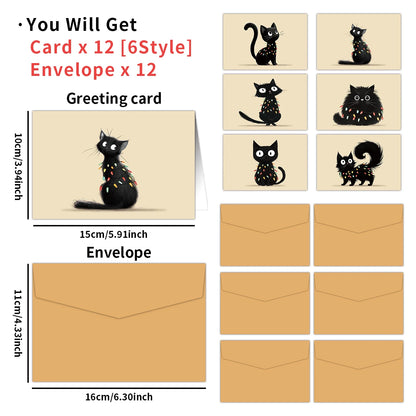 12PCS Christmas Black Cat Greeting Cards with Envelopes – Festive Holiday Stationery for Warm Wishes, Card Exchange & Party Decor