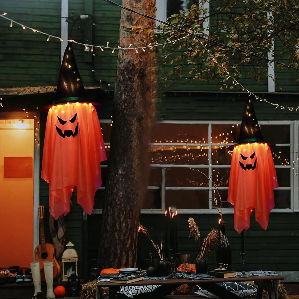 LED Flying Witch Hat Halloween Decorations – Hanging Ghost Lights & Glowing Wizard Lamp for Bar, Party, Dress-Up & Spooky Decor
