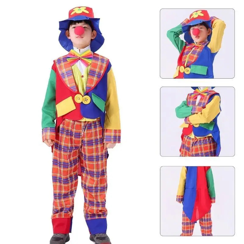 Child Clown Cosplay Costume Set – Coat, Shirt, Pants, Hat & Necktie Outfit for Halloween & Party Performance
