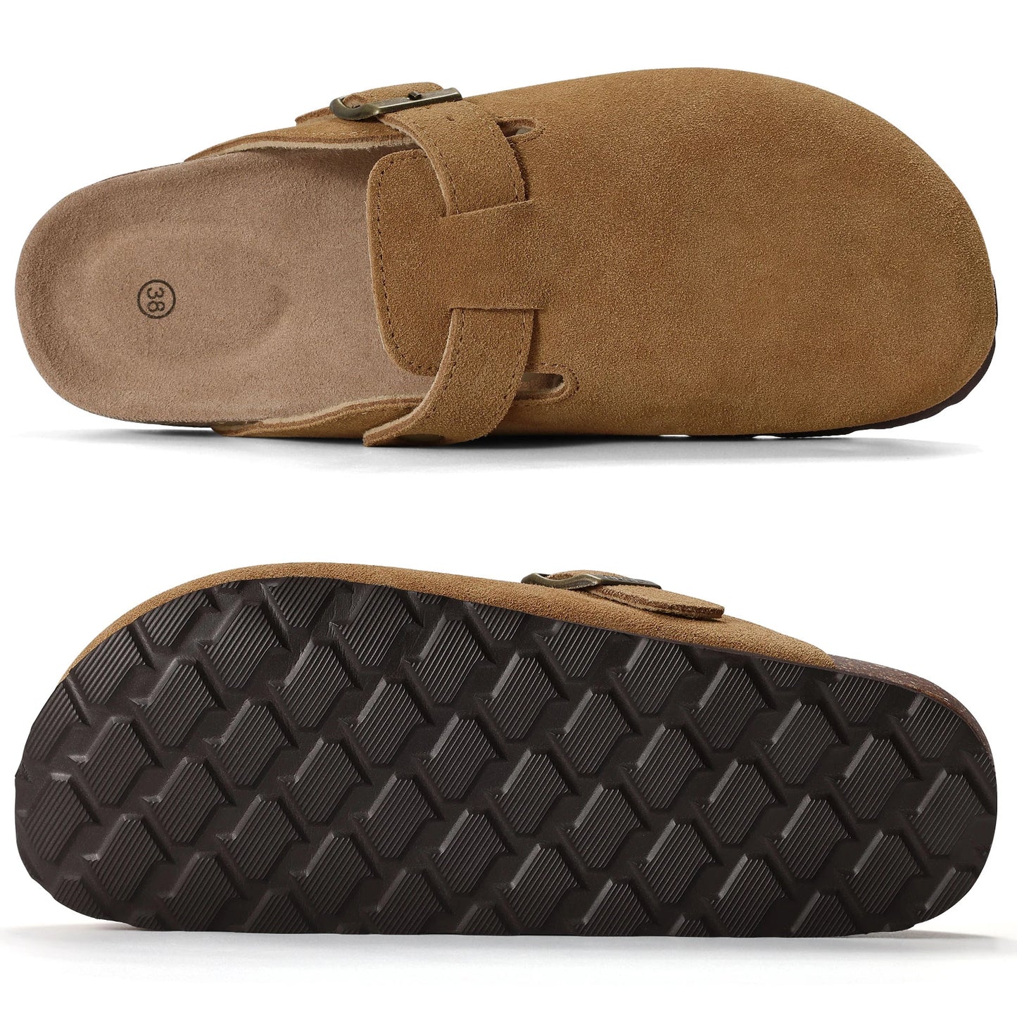 Kidmi Zuecos de ante de vaca para mujer y hombre, mules con plantilla de corcho, correa ajustable y soporte para el arco del pie