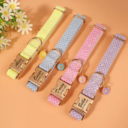 Custom Bling Nylon Dog Collar – Personalized Engraved ID Name Collar with Cute Flower Tag for Small & Medium Dogs and Cats