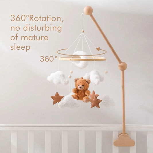 Mobile de lit bébé en bois avec jouets suspendus ours en feutre et boîte à musique clochette de lit pour nouveau-né