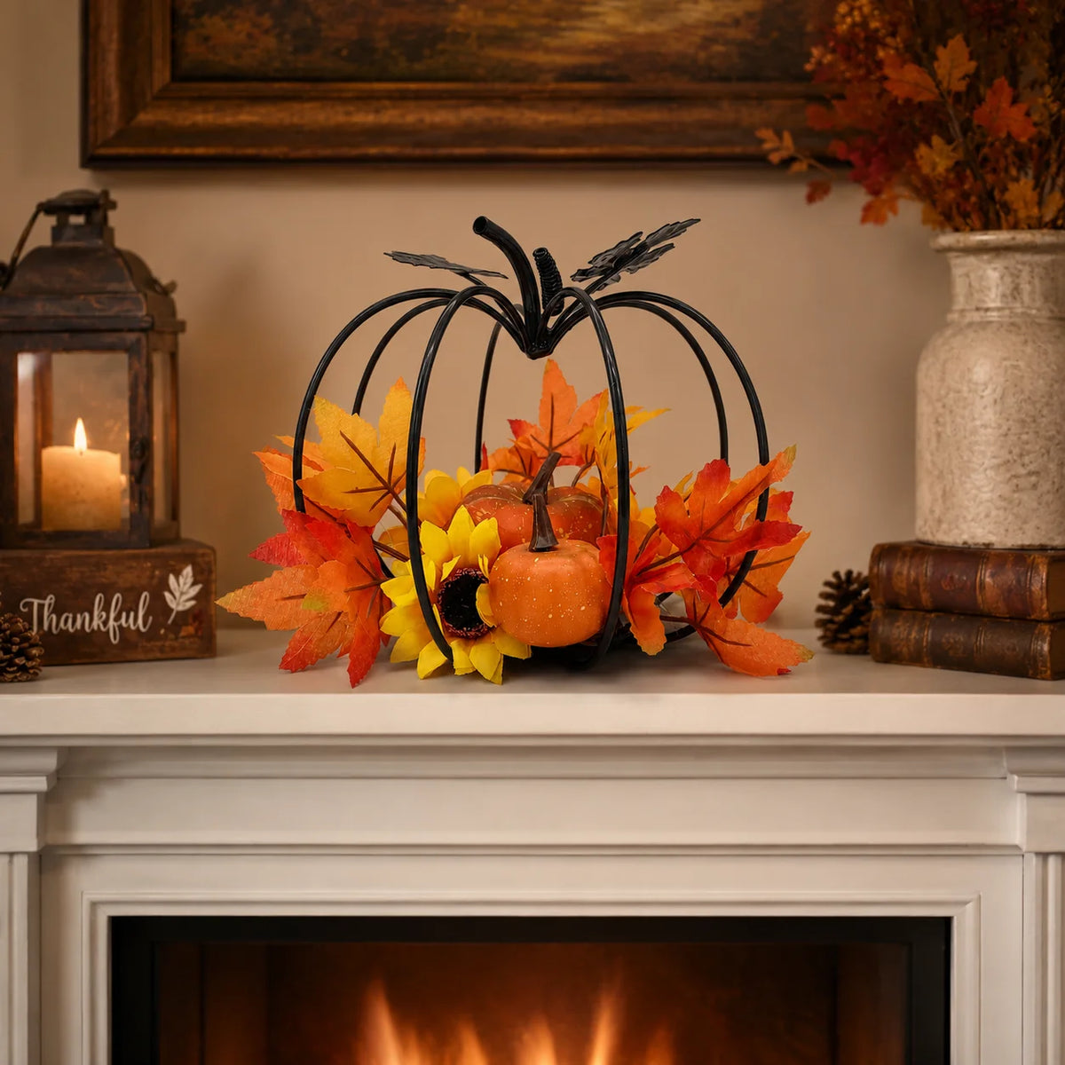 Black Iron Pumpkin Decoration – Autumn Harvest Desktop Decor with Artificial Maple Leaves, Sunflower & Pumpkin Accents for Thanksgiving