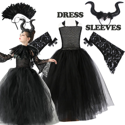 2026 Girls’ Evil Queen Halloween Costume – Black Tulle Mesh Princess Cosplay Dress, Gothic Dress-Up Outfit for Kids’ Halloween Parties