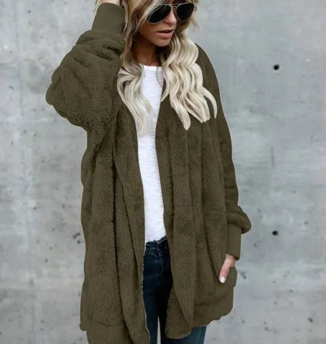 Women’s Double-Fleece Hooded Cardigan Jacket – Solid Color Plush Warm Coat with Long Sleeves, Oversized Autumn & Winter Outerwear