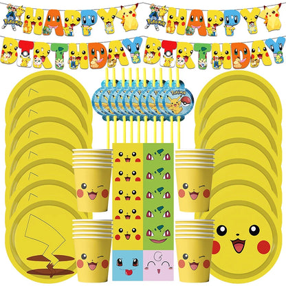 Pokémon Pikachu Birthday Party Decorations Tableware Set – Paper Cups, Plates, Tablecloth, Straws, Banner & Napkins for Kids Party Supplies