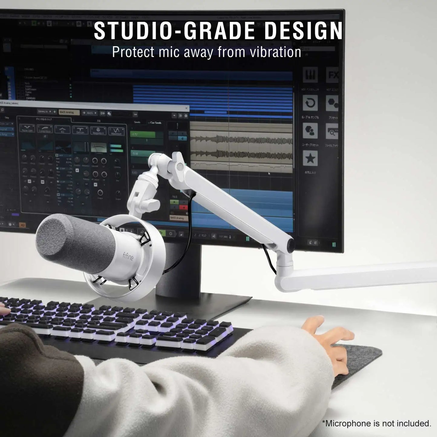 FIFINE BM88W Low-Profile Microphone Boom Arm – Adjustable Desk Mount Mic Arm with Built-In Cable Management for Streaming, Gaming & Podcasting (White)
