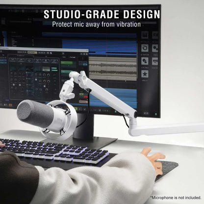 FIFINE BM88W Low-Profile Microphone Boom Arm – Adjustable Desk Mount Mic Arm with Built-In Cable Management for Streaming, Gaming & Podcasting (White)