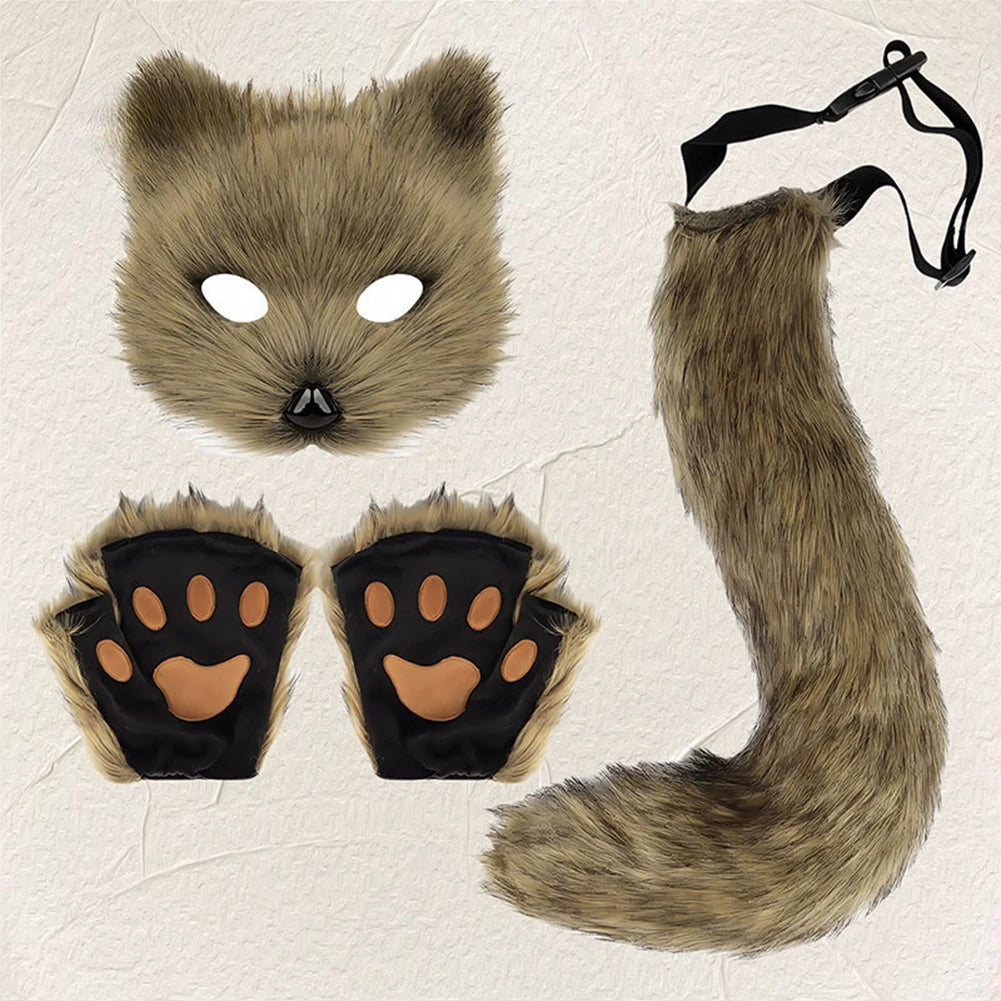 Halloween Fox Cosplay Costume Accessories Set, Animal Fox Mask, Tail and Gloves, Cute Fancy Dress-Up Props for Carnival, Masquerade, Themed Parties, and Halloween Costumes
