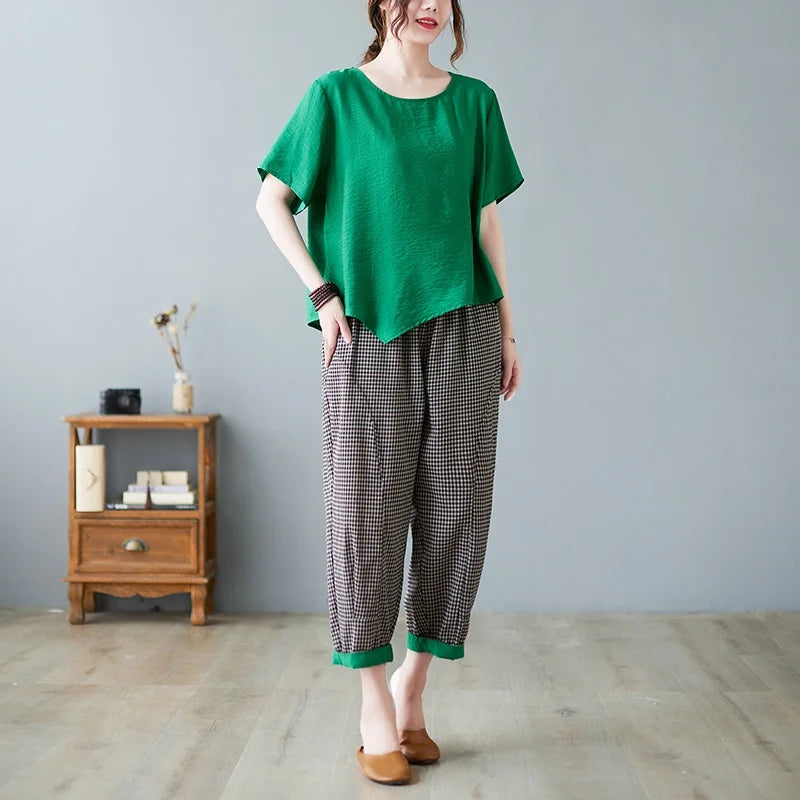 Women's Cotton Linen Two-Piece Set – Summer Wide-Leg Pants & Asymmetric Button Top Chinese-Style Casual Outfit