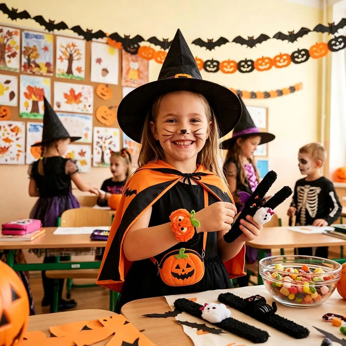 12-48PCS Halloween Ghost Plush Slap Bracelets, Stuffed Wristbands Trick or Treat Gifts, Halloween Party Favor Bag Fillers, Classroom Prizes for Kids