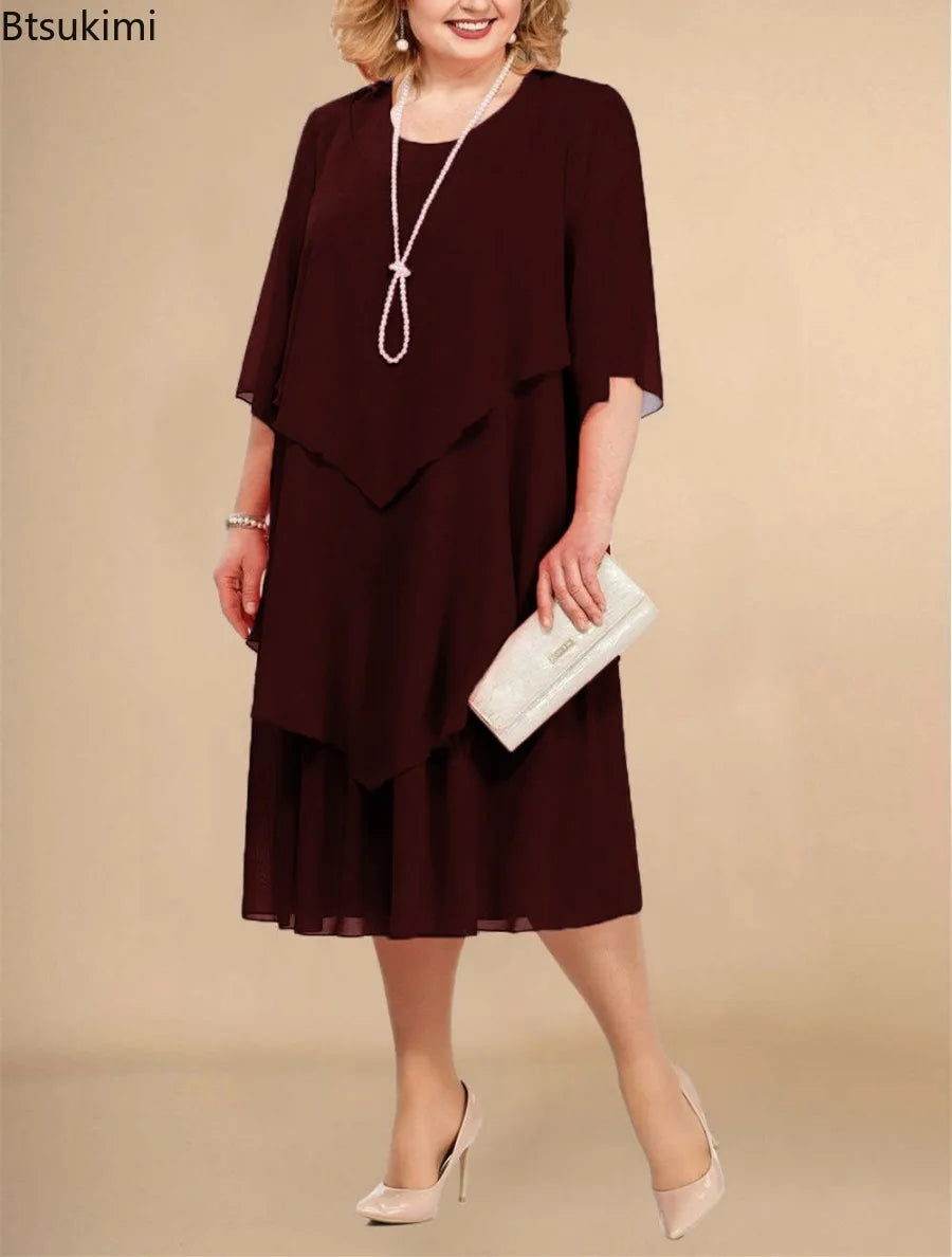 Plus Size Women's Chiffon Midi Dress – Elegant Irregular Layered Hem Flowy O-Neck Dress for Summer Parties & Weddings