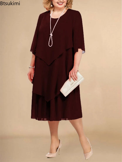 Plus Size Women's Chiffon Midi Dress – Elegant Irregular Layered Hem Flowy O-Neck Dress for Summer Parties & Weddings